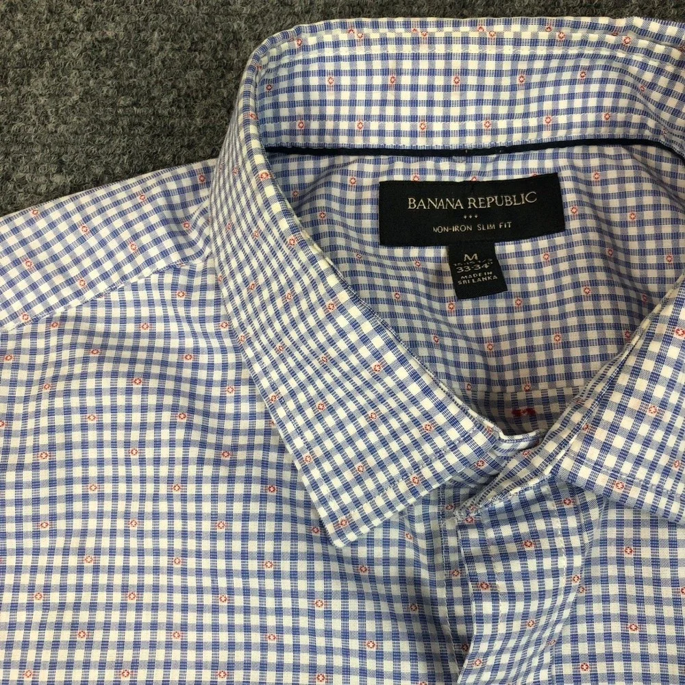 Banana Republic Mens Size Medium 15-15.5 33-34 Slim Fit Blue Gingham Dress Shirt